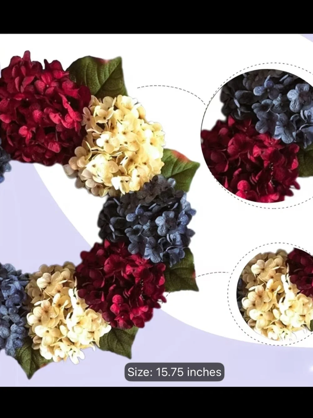 Holiday Hydrangea Wreath in Cream, Red, and Blue
